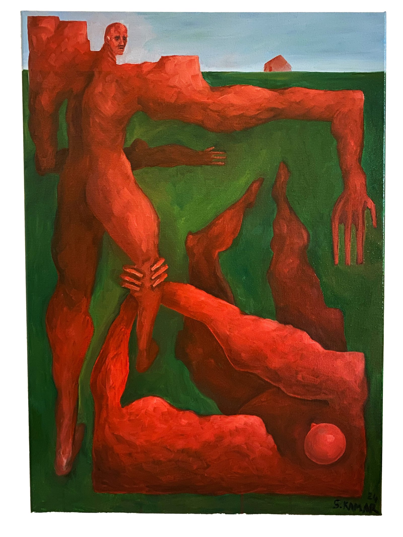 sara kamar- two figures, one is desperate. oil on canvas 50x 70cm 2024